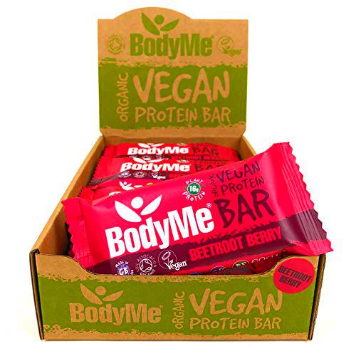 BodyMe Barritas Proteinas Veganas Organica | Cruda Remolacha Baya | 12 x 60g Barra Proteina Vegana | Sin Gluten | 16g Proteína Completa | 3 Proteina Vegetal Aminoacidos Esenciales | Vegan Protein Bar