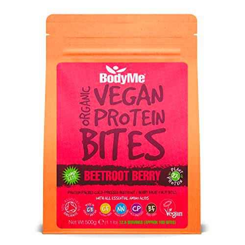 BodyMe Orgánica Proteínas Veganas Mordeduras De Bocados | Cruda Remolacha Baya | 500g | 100 Mordeduras | Con 3 Proteínas Vegetales